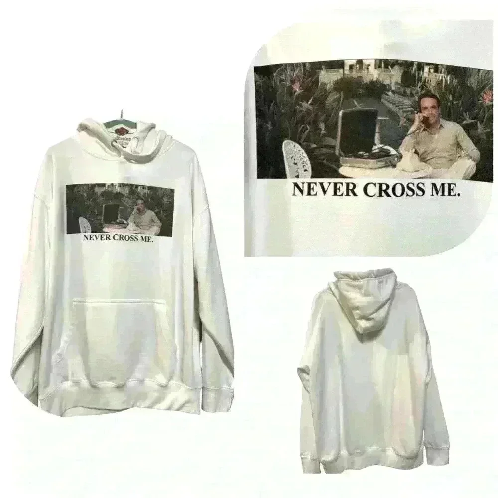 💟 White Oversized “Never Cross Me Hoodie”, EUC, Size Large - Picture 3 of 4